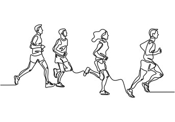 people running one line drawing vector illustration. Group of man and women doing exercise for healthy life. Vector illustration minimalism design simplicity style. © ngupakarti