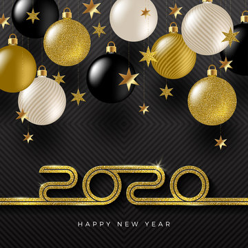 2020 new year logo and holiday decorations. Greeting design with glitter gold  number of year. Design for greeting card, invitation, calendar, etc.