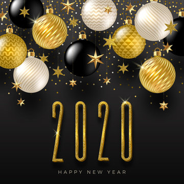 2020 new year logo and holiday decorations. Greeting design with glitter gold  number of year. Design for greeting card, invitation, calendar, etc.
