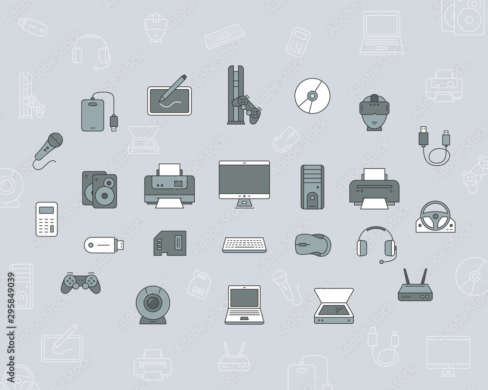 Poster electronic devices icons - vector color symbols and outline of technique and computer for the site o
