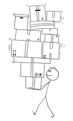 Vector cartoon stick figure drawing conceptual illustration of man or businessman carrying or balancing big pile of carton or paper boxes.