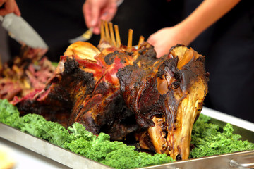 Roasted wild pig served at a party or wedding reception