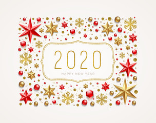 New Year 2020 greeting illustration. Frame made from stars, ruby gems, golden snowflakes, beads and glitter gold. Vector illustration.
