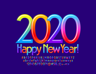 Vector bright Greeting Card Happy New Year 2020. Color gradient Font for Kids. Creative candy Alphabet Letters, Numbers and Symbols