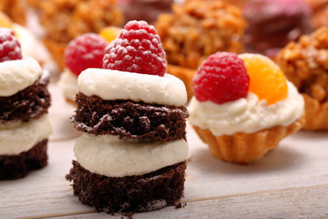 Sweet cookies, closeup of various kinds of cakes on event or wedding reception