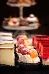 Sweet cookies, closeup of various kinds of cakes on event or wedding reception