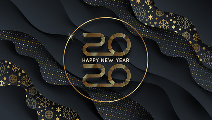 2020 new year logo. Greeting design with golden  number of year on a abstract black layered background with snowflakes and golden halftone pattern. Design for greeting card, invitation, calendar, etc.
