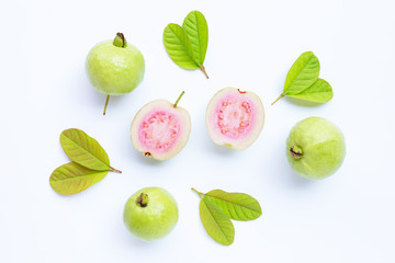 Fresh ripe guava and slices with leaves. Top view