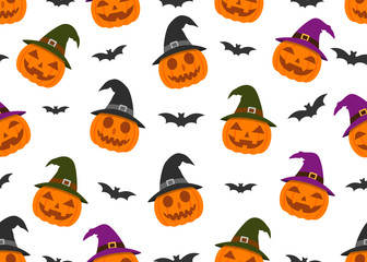 Seamless pattern of smile pumpkin devil wearing witch hat and bat isolated on white background - Vector illustration