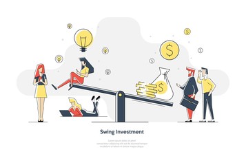 A vector illustration of groups of people who inject money into an idea on a swing and outweighs it, the concept of overweight, value, purchase