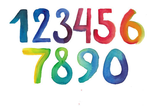 Hand drawn watercolor numbers. Raster template from 0 to 9 in rainbow colors. Design for children's books, packaging, covers, party decor. Watercolor font and count.	
