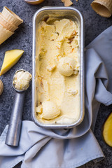 Close up bowl with vanilla ice cream covered with caramel sauce and fresh mango fruit on dark background. Selective focus. Summer dessert