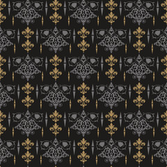Dark pattern in vintage style. Decorative elegant design. Floral seamless pattern. Template for your graphic design. Image colors: black, gold. Wallpaper background.  Ornate fabric design. Vector