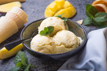 Close up bowl with vanilla ice cream covered with caramel sauce and fresh mango fruit on dark background. Selective focus. Summer dessert