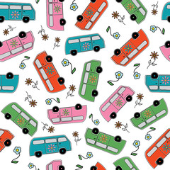 Vector Camping Vans in Pink Green Red and Blue with Flowers on White Background Seamless Repeat Pattern. Background for textiles, cards, manufacturing, wallpapers, print, gift wrap and scrapbooking.