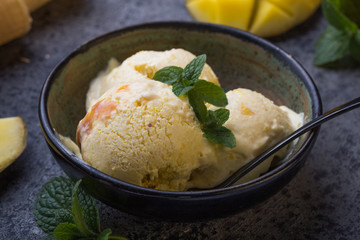 Close up bowl with vanilla ice cream covered with caramel sauce and fresh mango fruit on dark background. Selective focus. Summer dessert