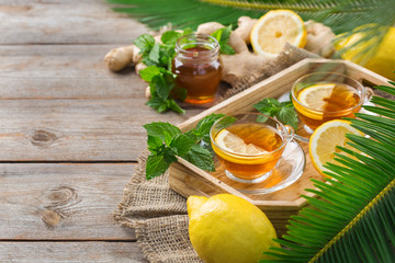 Ginger tea with lemon, mint and honey for flu cold