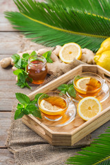 Ginger tea with lemon, mint and honey for flu cold
