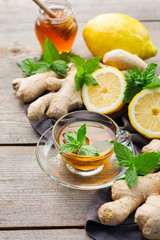 Ginger tea with lemon, mint and honey for flu cold