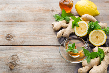 Ginger tea with lemon, mint and honey for flu cold