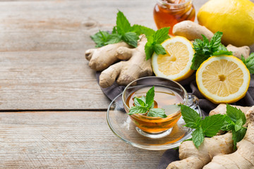 Ginger tea with lemon, mint and honey for flu cold