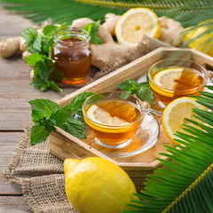 Ginger tea with lemon, mint and honey for flu cold