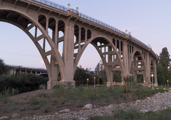 Image of the Colorado Street Bridge in Pasadena taken from below.