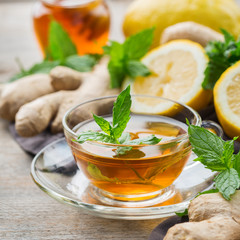 Ginger tea with lemon, mint and honey for flu cold
