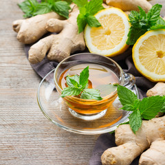 Ginger tea with lemon, mint and honey for flu cold