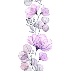 Transparent watercolor rose. Seamless vertical border. Isolated hand drawn arrangement with big purple flowers, eucalyptus and berries for wedding design, stationery card print