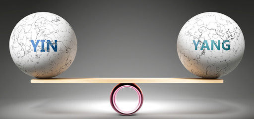 Yin and yang in balance - pictured as balanced balls on scale that symbolize harmony and equity between Yin and yang that is good and beneficial., 3d illustration