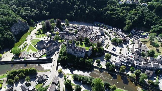 Aerial view of Durbuy Castle is located. Belgium, province of Luxembourg in the Wallonia region. Beautiful landscape with river, sunny weather during summer season.