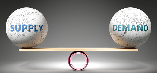 Supply and demand in balance - pictured as balanced balls on scale that symbolize harmony and equity between Supply and demand that is good and beneficial., 3d illustration - obrazy, fototapety, plakaty