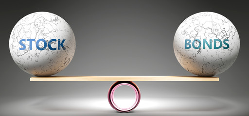 Stock and bonds in balance - pictured as balanced balls on scale that symbolize harmony and equity between Stock and bonds that is good and beneficial., 3d illustration