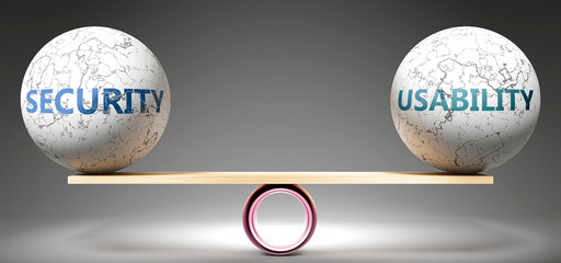 Security and usability in balance - pictured as balanced balls on scale that symbolize harmony and equity between Security and usability that is good and beneficial., 3d illustration
