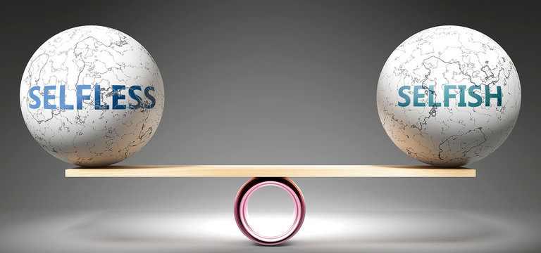 Selfless and selfish in balance - pictured as balanced balls on scale that symbolize harmony and equity between Selfless and selfish that is good and beneficial., 3d illustration