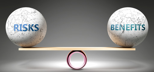 Risks and benefits in balance - pictured as balanced balls on scale that symbolize harmony and equity between Risks and benefits that is good and beneficial., 3d illustration