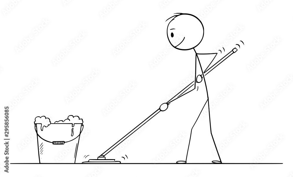 Poster vector cartoon stick figure drawing conceptual illustration of man mopping or cleaning the floor.