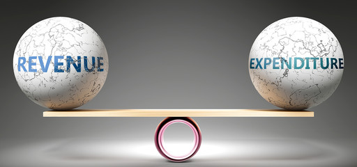 Revenue and expenditure in balance - pictured as balanced balls on scale that symbolize harmony and equity between Revenue and expenditure that is good and beneficial., 3d illustration