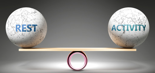 Rest and activity in balance - pictured as balanced balls on scale that symbolize harmony and equity between Rest and activity that is good and beneficial., 3d illustration