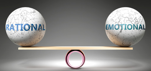 Rational and emotional in balance - pictured as balanced balls on scale that symbolize harmony and equity between Rational and emotional that is good and beneficial., 3d illustration - obrazy, fototapety, plakaty