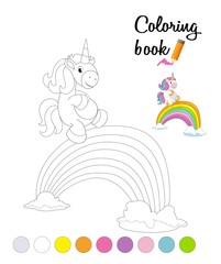 Coloring book or page for children with cartoon unicorn and rainbow bridge