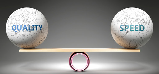 Quality and speed in balance - pictured as balanced balls on scale that symbolize harmony and equity between Quality and speed that is good and beneficial., 3d illustration