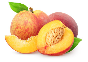 Isolated group of peaches. Two whole peach fruits, piece, half with leaves isolated on white background with clipping path