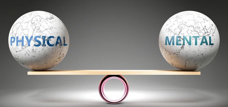 Physical and mental in balance - pictured as balanced balls on scale that symbolize harmony and equity between Physical and mental that is good and beneficial., 3d illustration