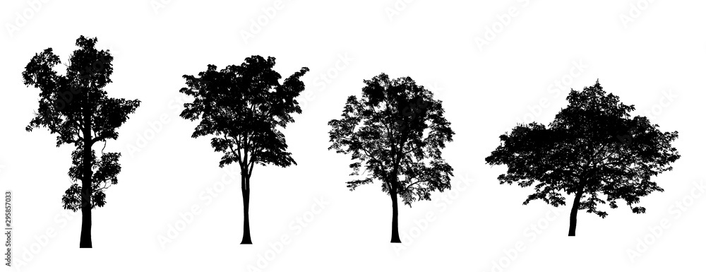 Poster isolated set of trees silhouette for brush collection on white backdrop