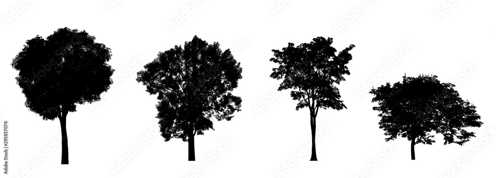 Poster isolated set of trees silhouette for brush collection on white backdrop