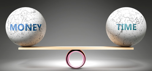 Money and time in balance - pictured as balanced balls on scale that symbolize harmony and equity between Money and time that is good and beneficial., 3d illustration