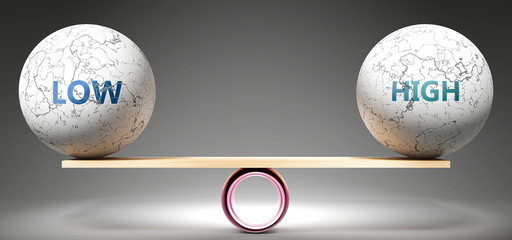 Low and high in balance - pictured as balanced balls on scale that symbolize harmony and equity between Low and high that is good and beneficial., 3d illustration