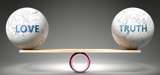 Love and truth in balance - pictured as balanced balls on scale that symbolize harmony and equity between Love and truth that is good and beneficial., 3d illustration